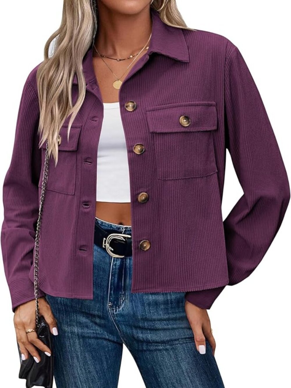 NWT Med Womens Fashion Cropped Corduroy Shackets Button Down Jackets Tops Fall